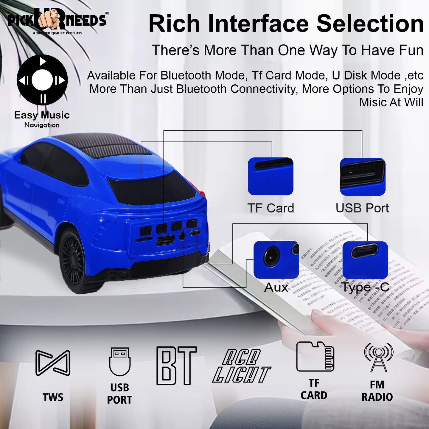 Pick Ur Needs Rechargeable Car-Shaped Speaker – RGB LED Light, USB/FM/SD Card, Type-C, 1200mAh